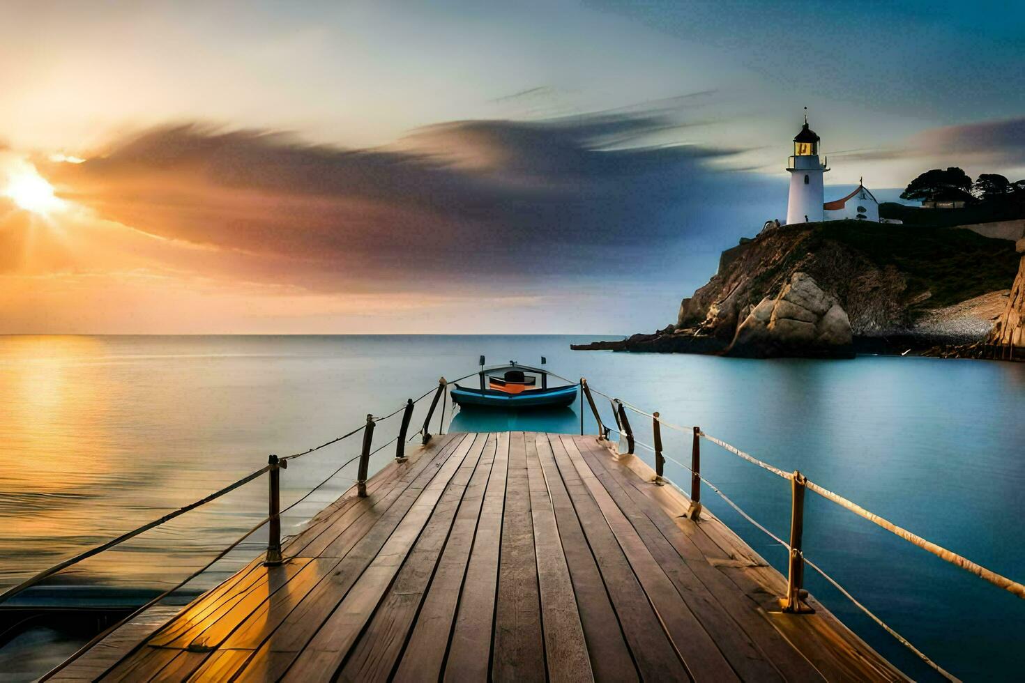 a boat is docked at the end of a pier at sunset. AI-Generated photo