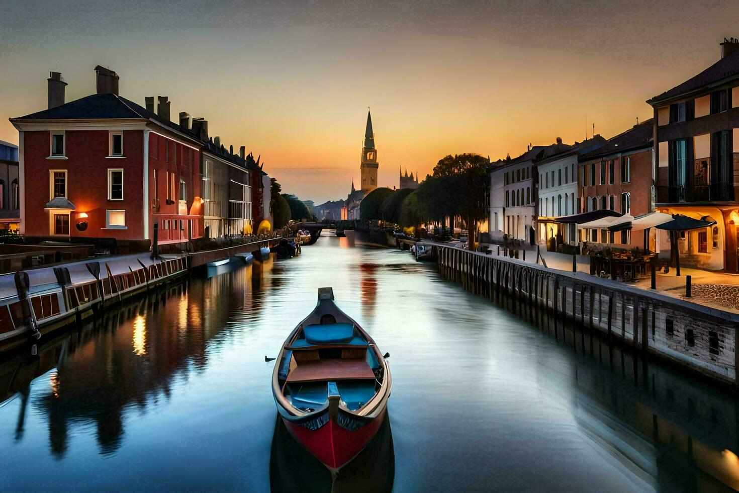a boat is on the water in a canal at sunset. AI-Generated photo