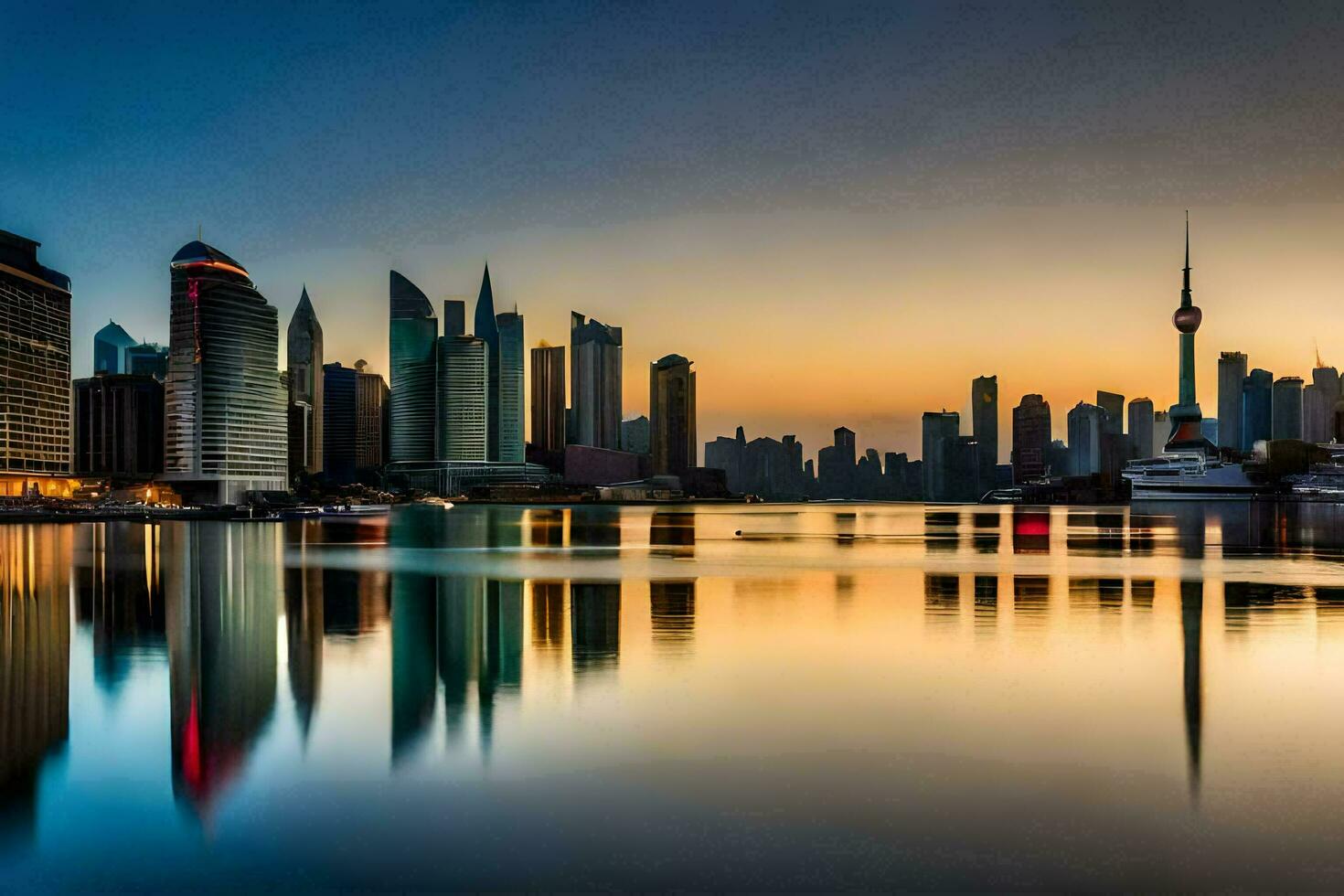 el ciudad horizonte es reflejado en el agua a puesta de sol. generado por ai foto