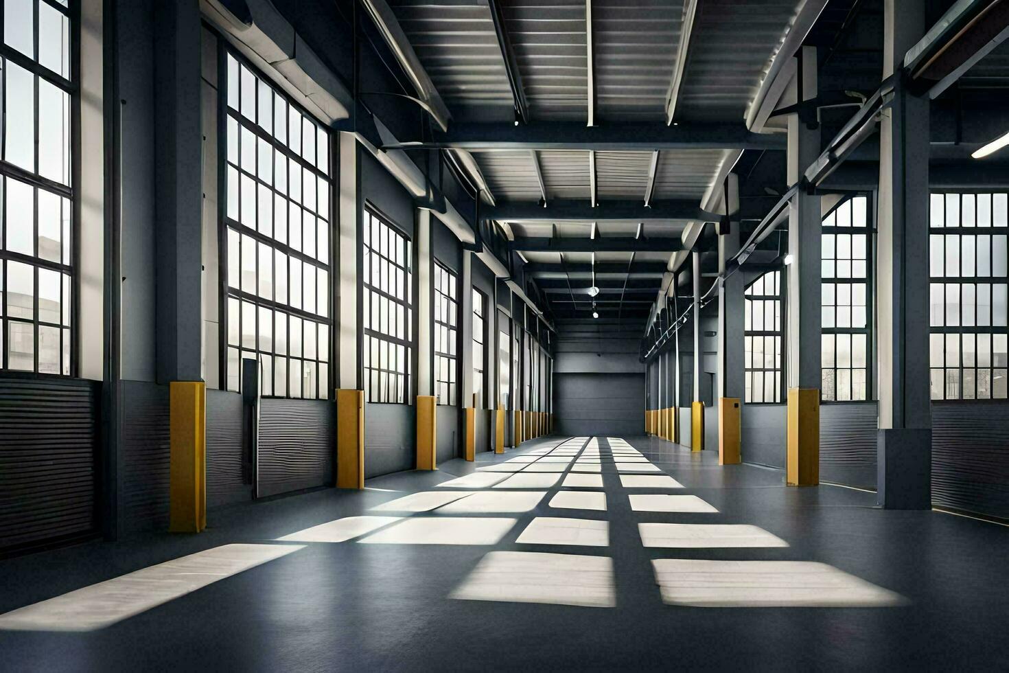 un vacío almacén con grande ventanas y amarillo postes generado por ai foto