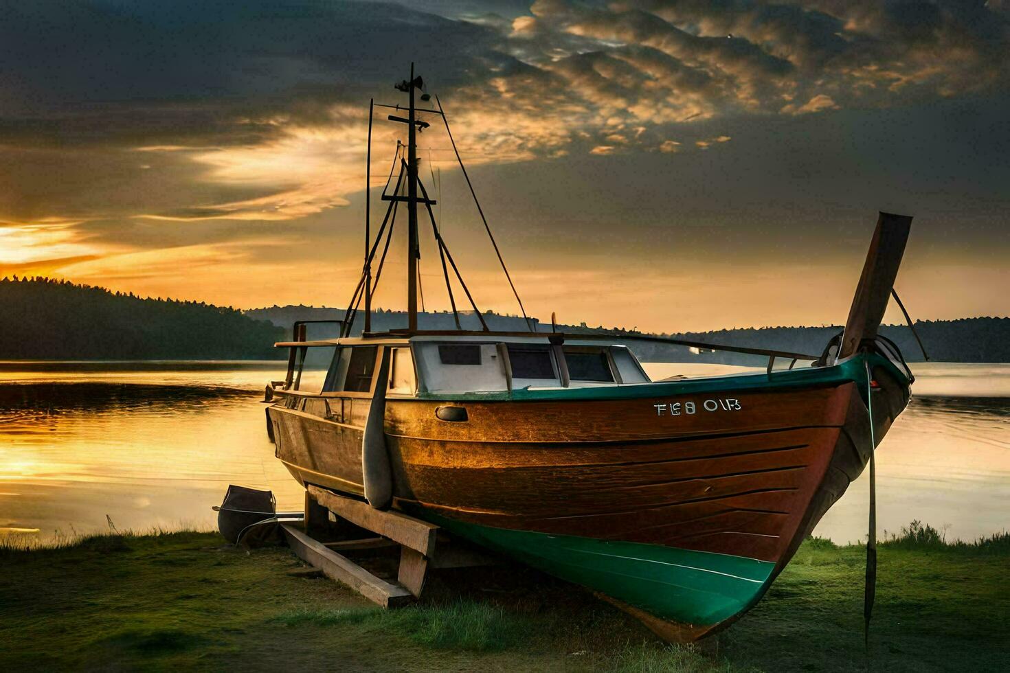 a boat sits on the shore at sunset. AI-Generated photo