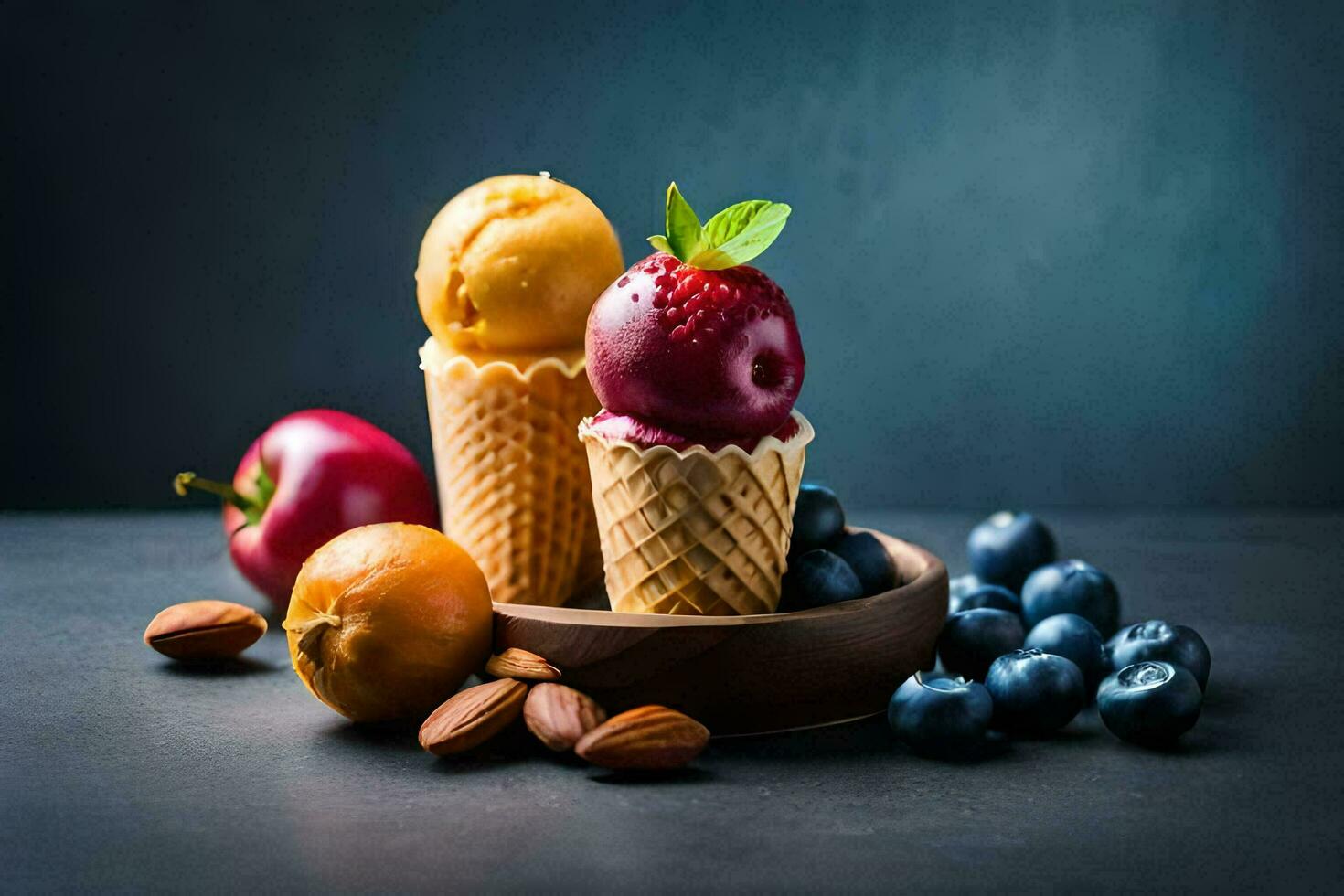 three ice cream cones with fruit and nuts. AI-Generated photo