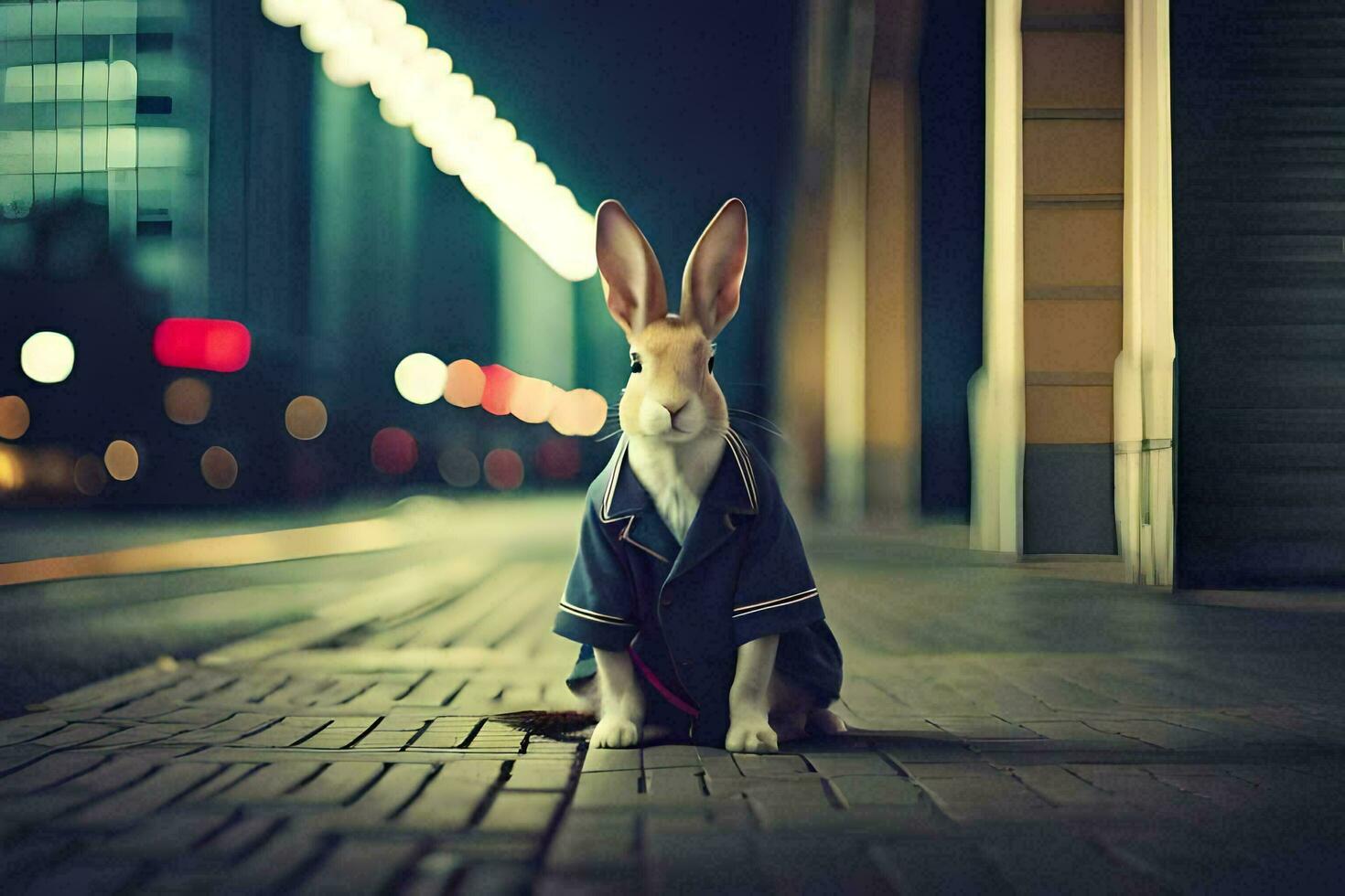 a rabbit in a suit sitting on the street. AI-Generated photo