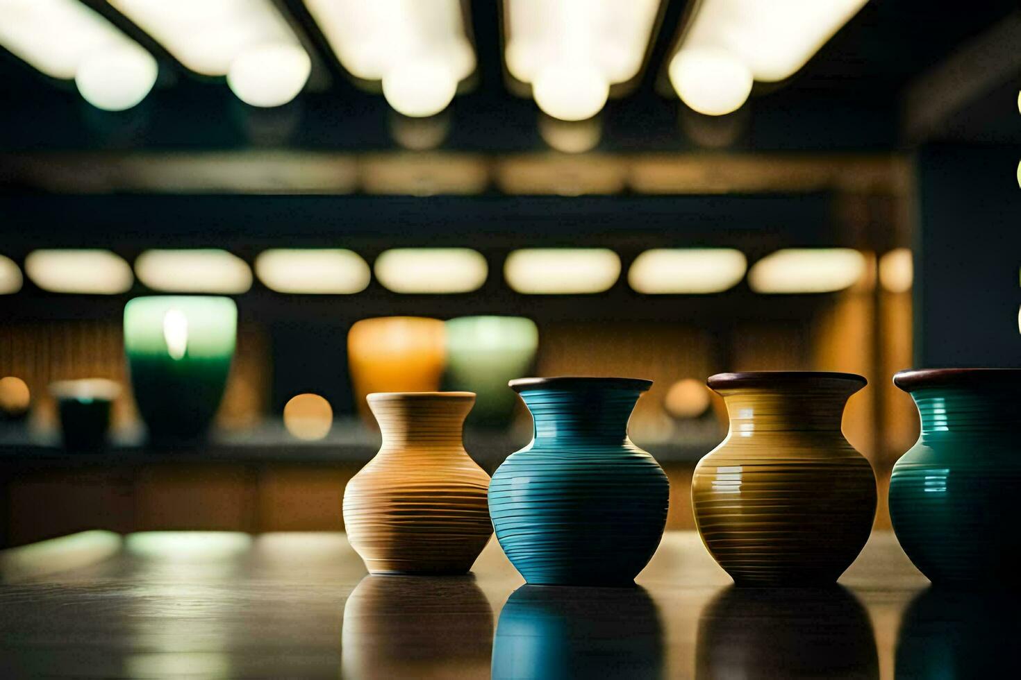three vases are lined up on a table. AI-Generated photo