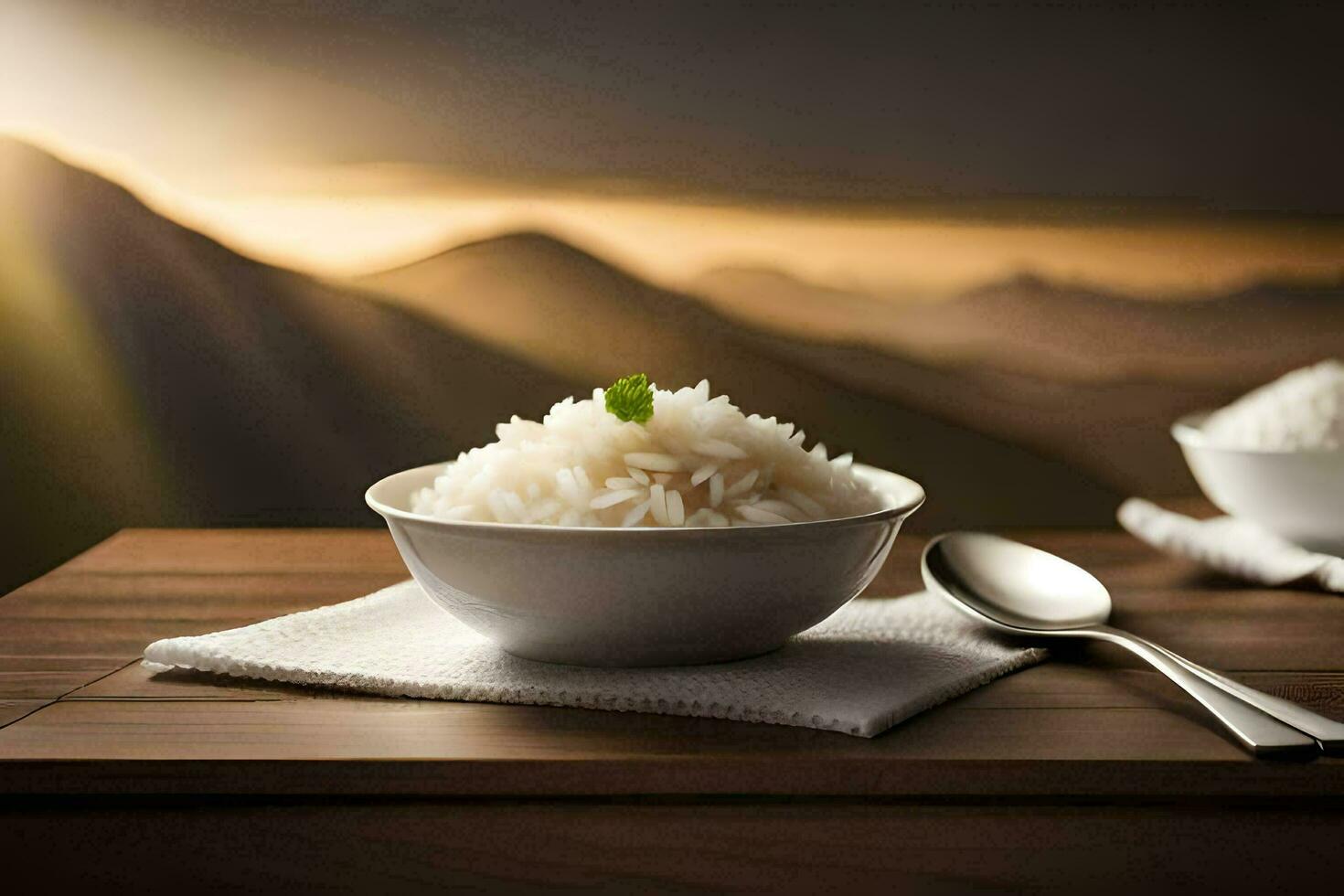 the rice bowl is on a wooden table with a spoon and a bowl of rice. AI-Generated photo