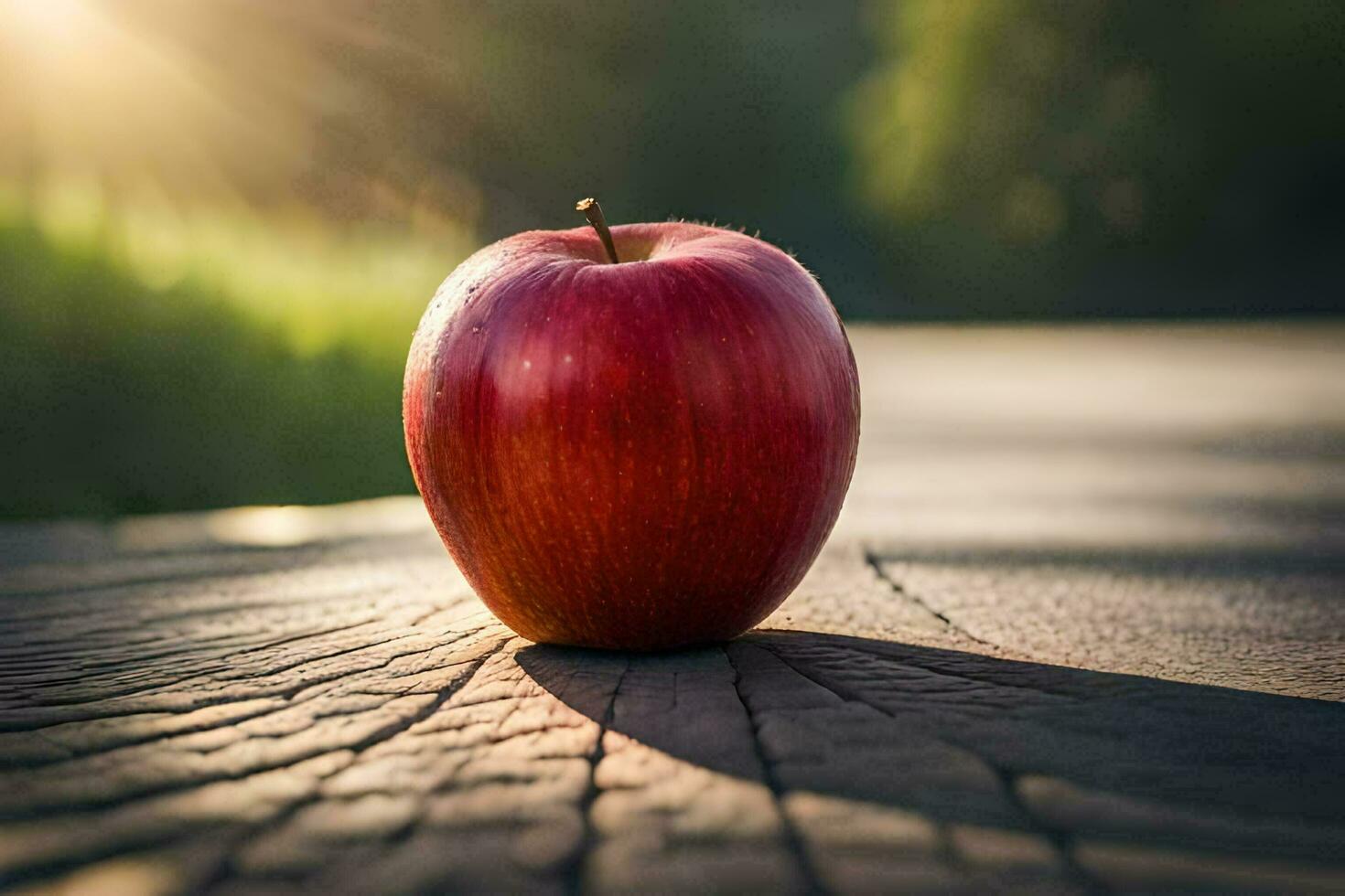 an apple sits on a wooden table in front of the sun. AI-Generated photo