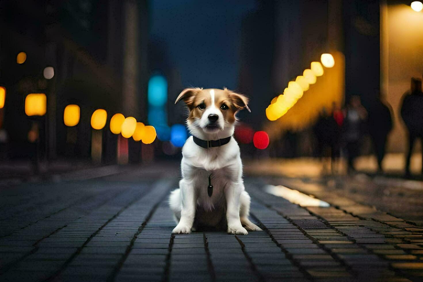 a dog sitting on the street at night. AI-Generated photo