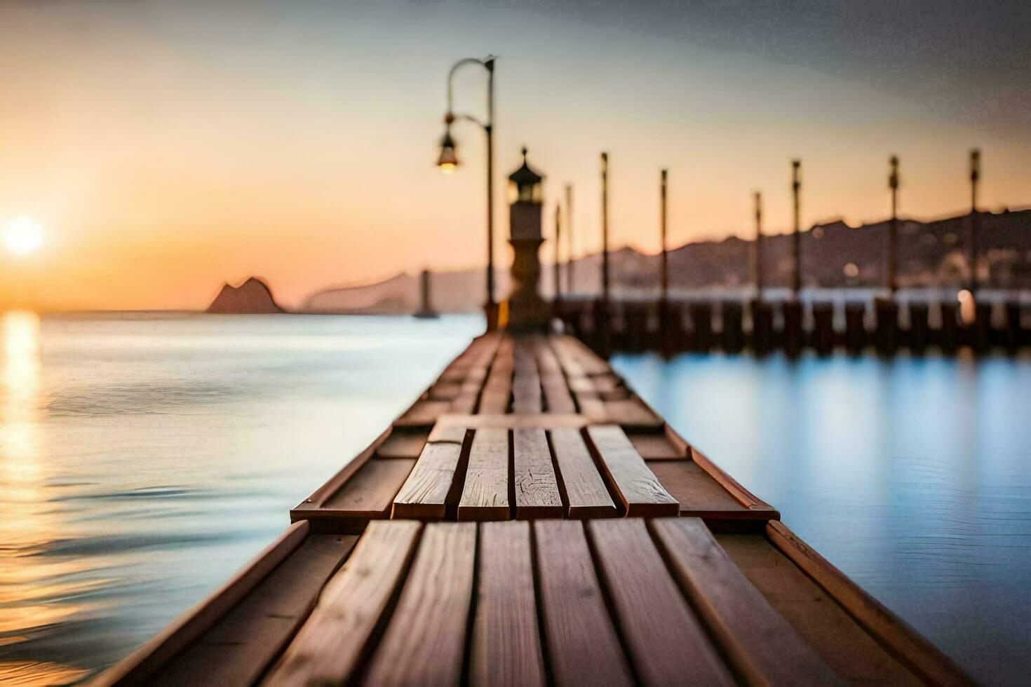 a wooden pier with a lighthouse at sunset. AI-Generated photo