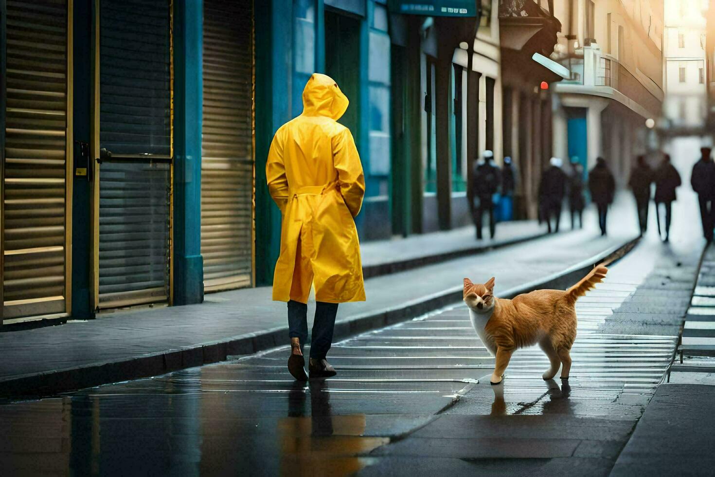 a person in a yellow raincoat walking with a cat. AI-Generated photo