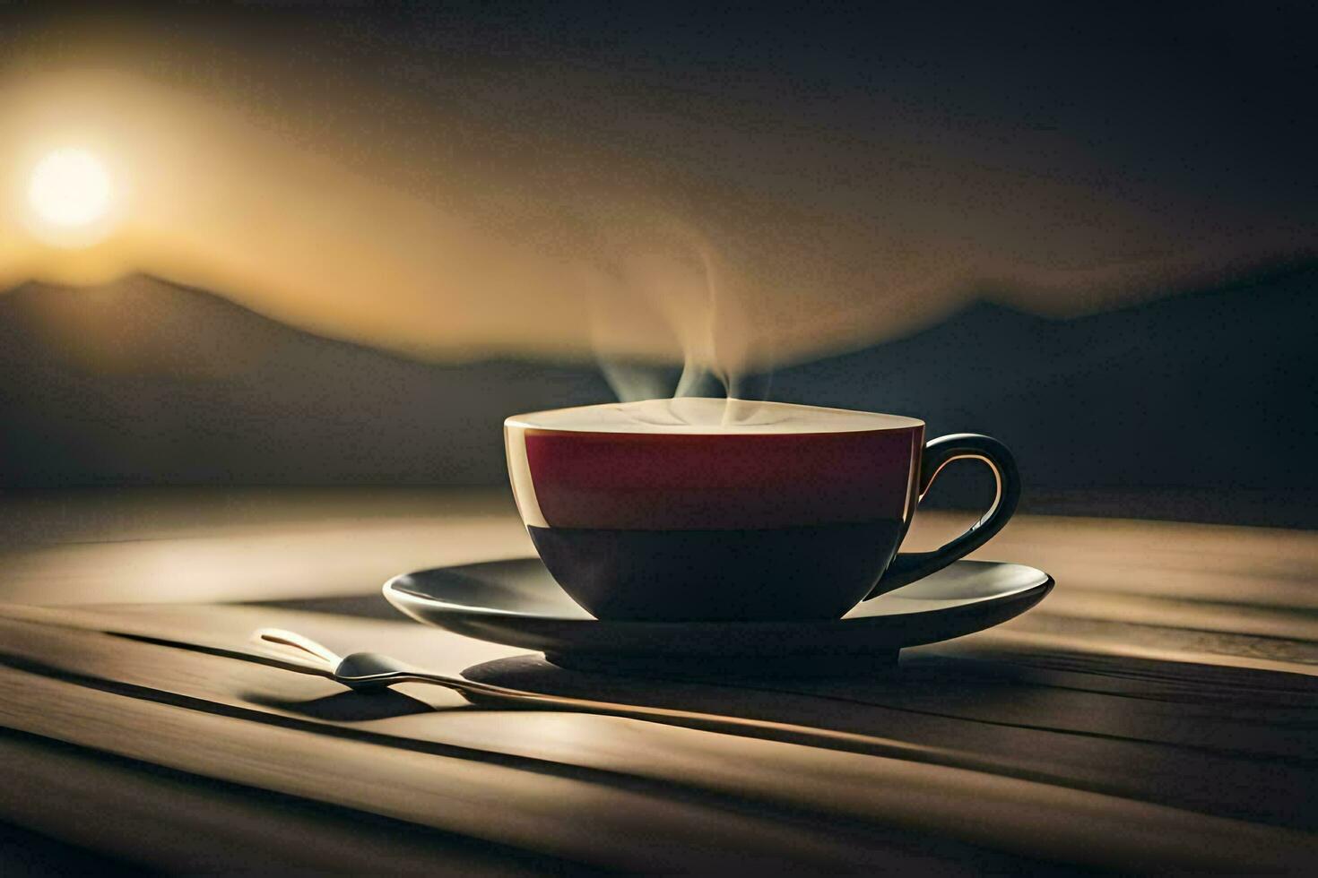 a cup of coffee on a wooden table with the sun setting behind it. AI-Generated photo