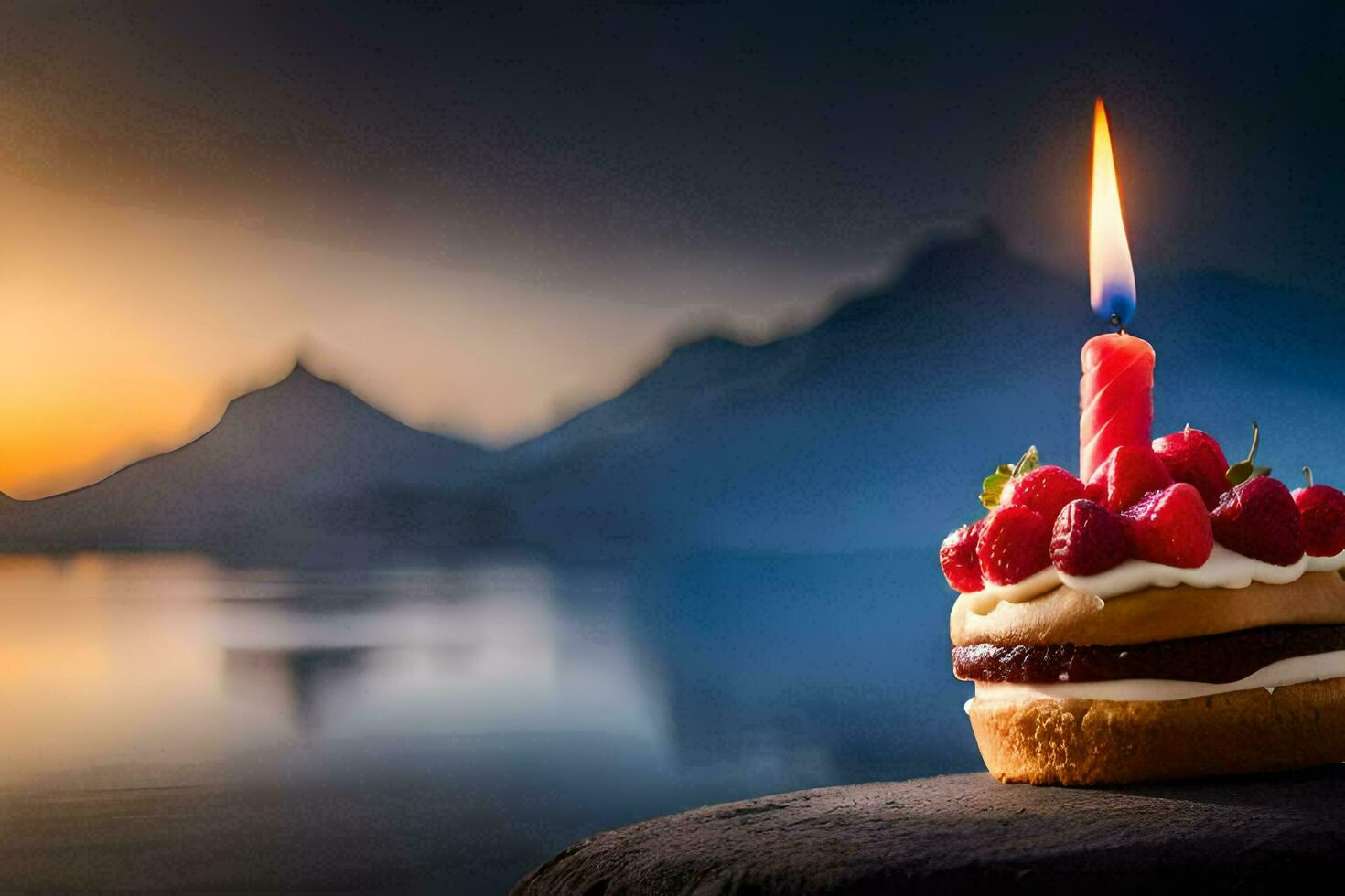 a birthday cake with a lit candle on top. AI-Generated photo