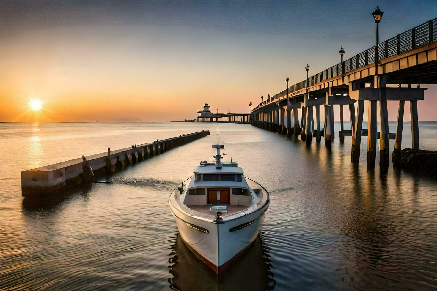 a boat is docked at the pier at sunset. AI-Generated photo