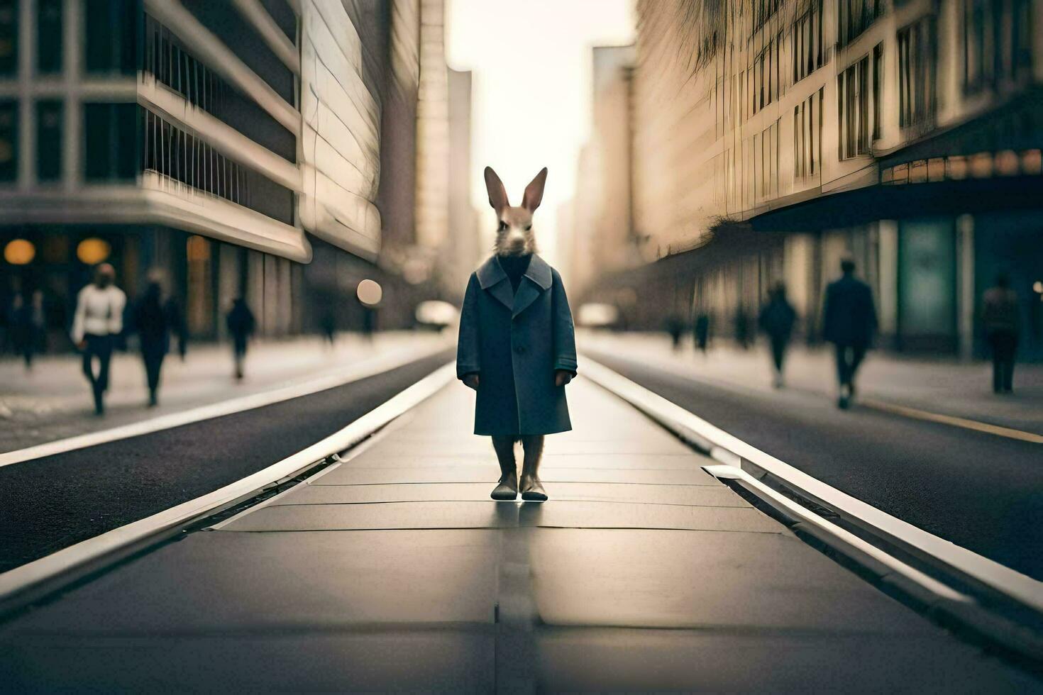 a rabbit in a coat stands on a street. AI-Generated photo