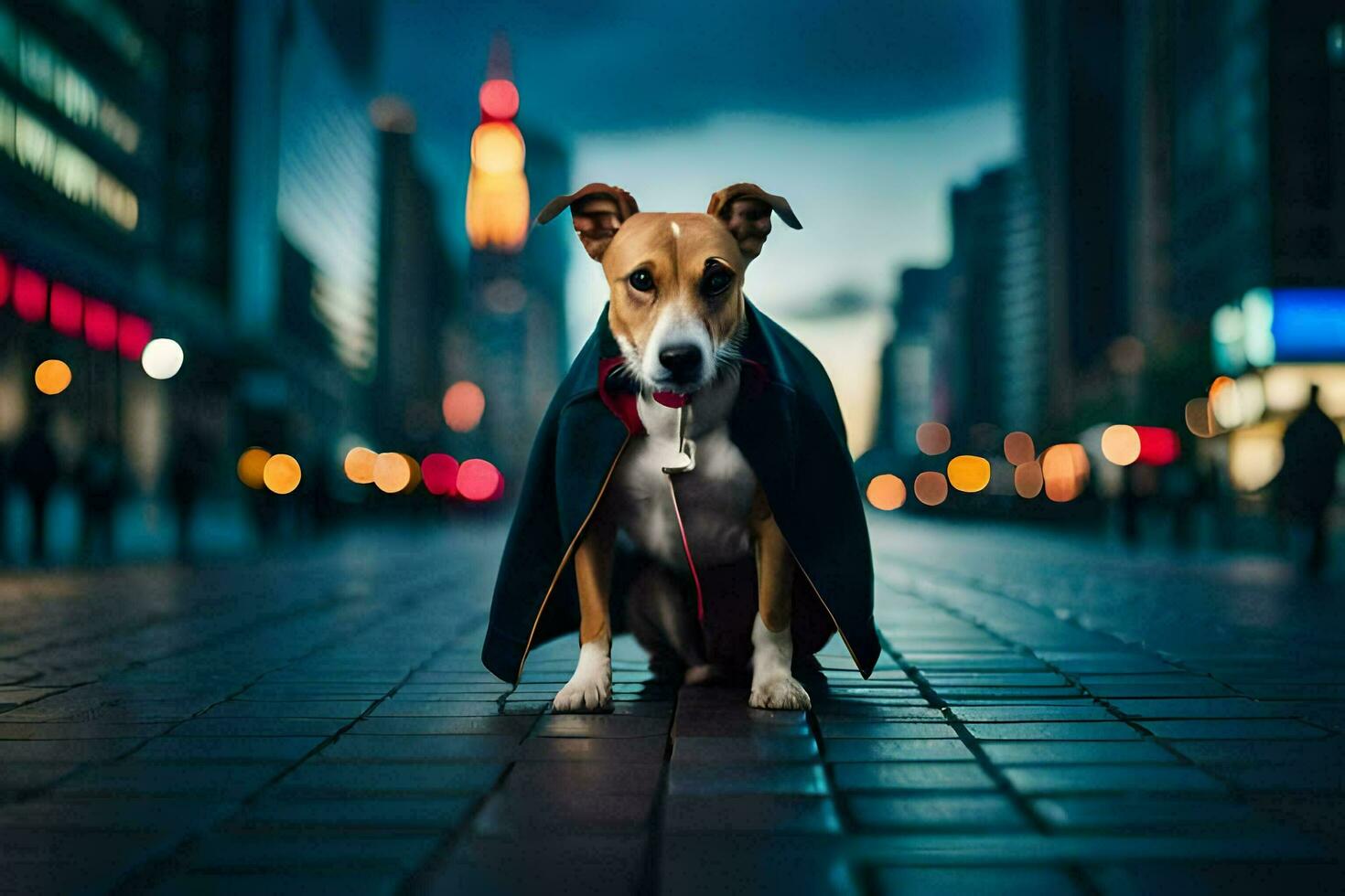 a dog wearing a cape on the street at night. AI-Generated photo