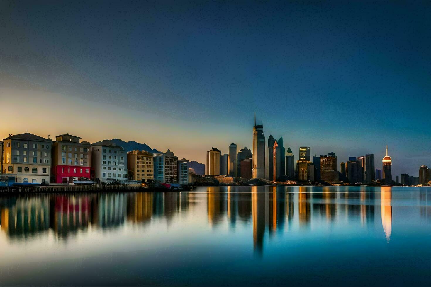 the city skyline is reflected in the water at sunset. AI-Generated photo