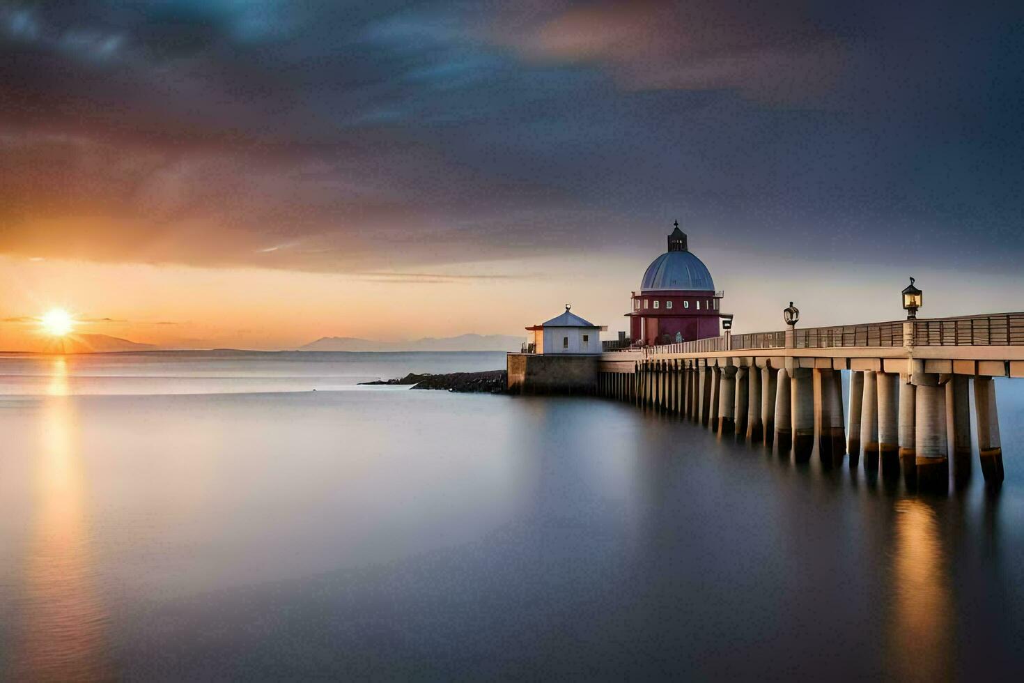 a lighthouse stands on the pier at sunset. AI-Generated photo