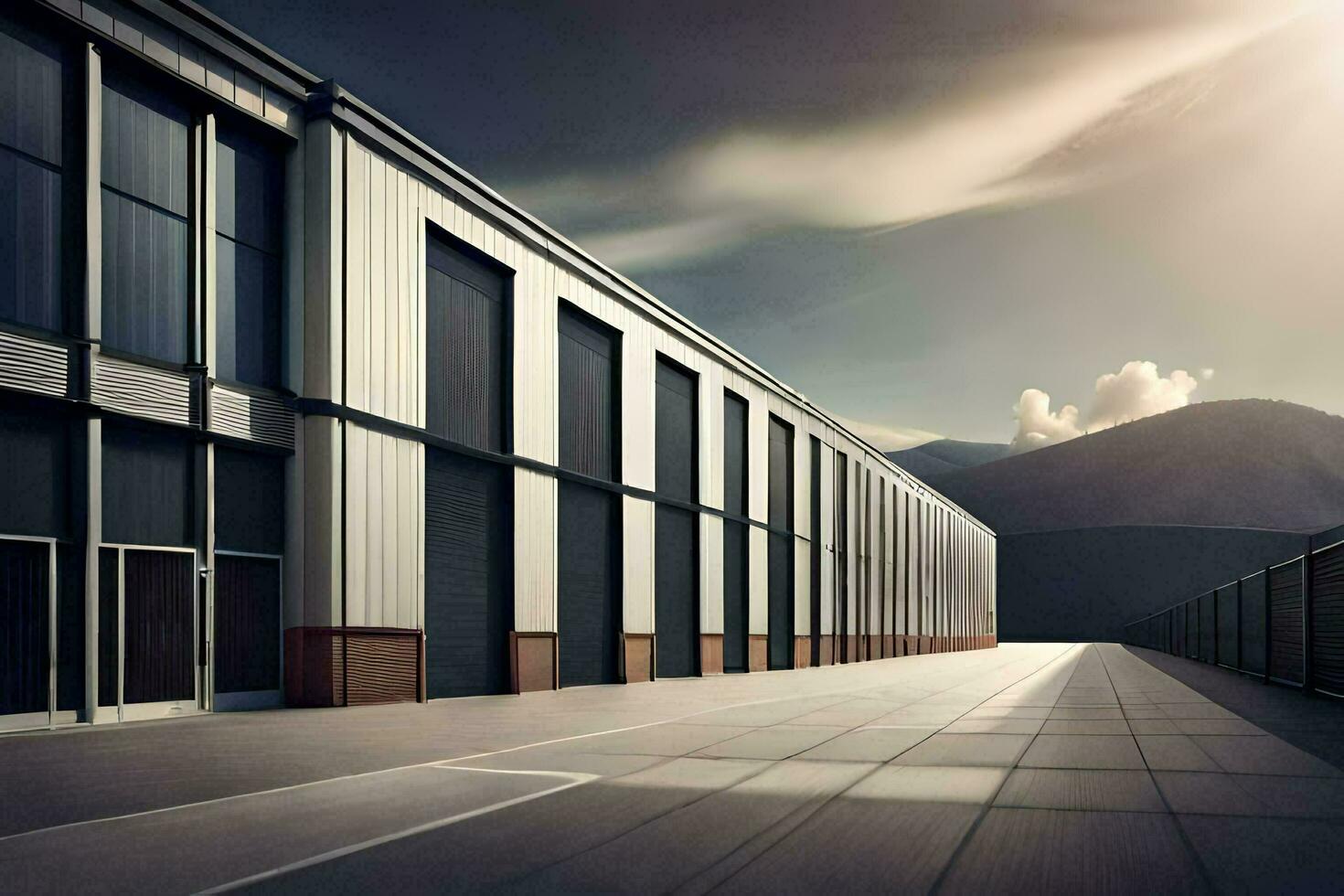 a large warehouse building with a sun shining in the background. AI-Generated photo