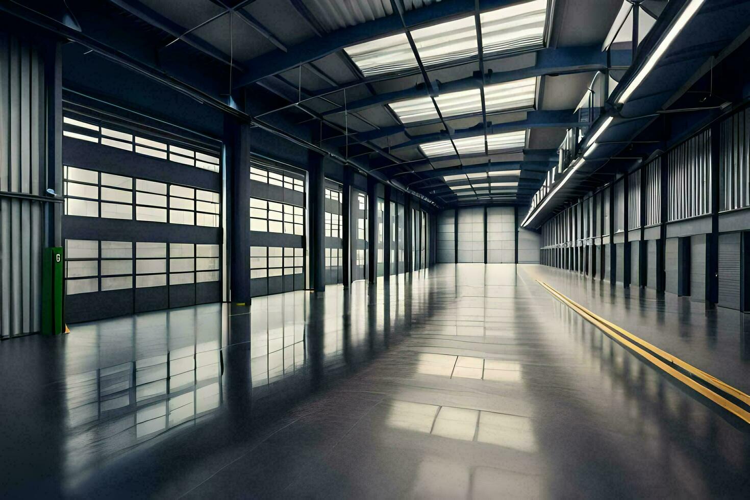 an empty warehouse with a large window. AI-Generated photo