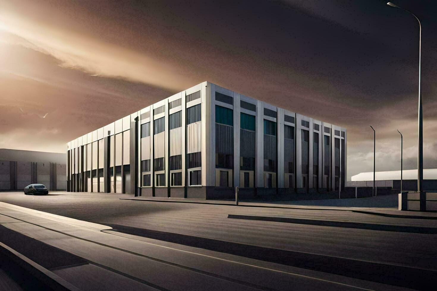 a modern building with a car driving on the road. AI-Generated photo