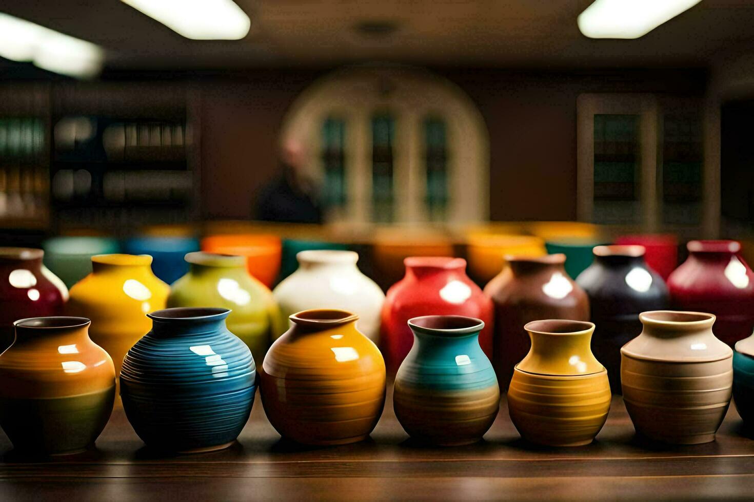 a row of colorful vases on a table. AI-Generated photo