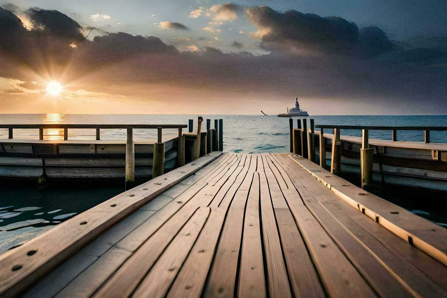 a wooden dock leads to the ocean at sunset. AI-Generated photo