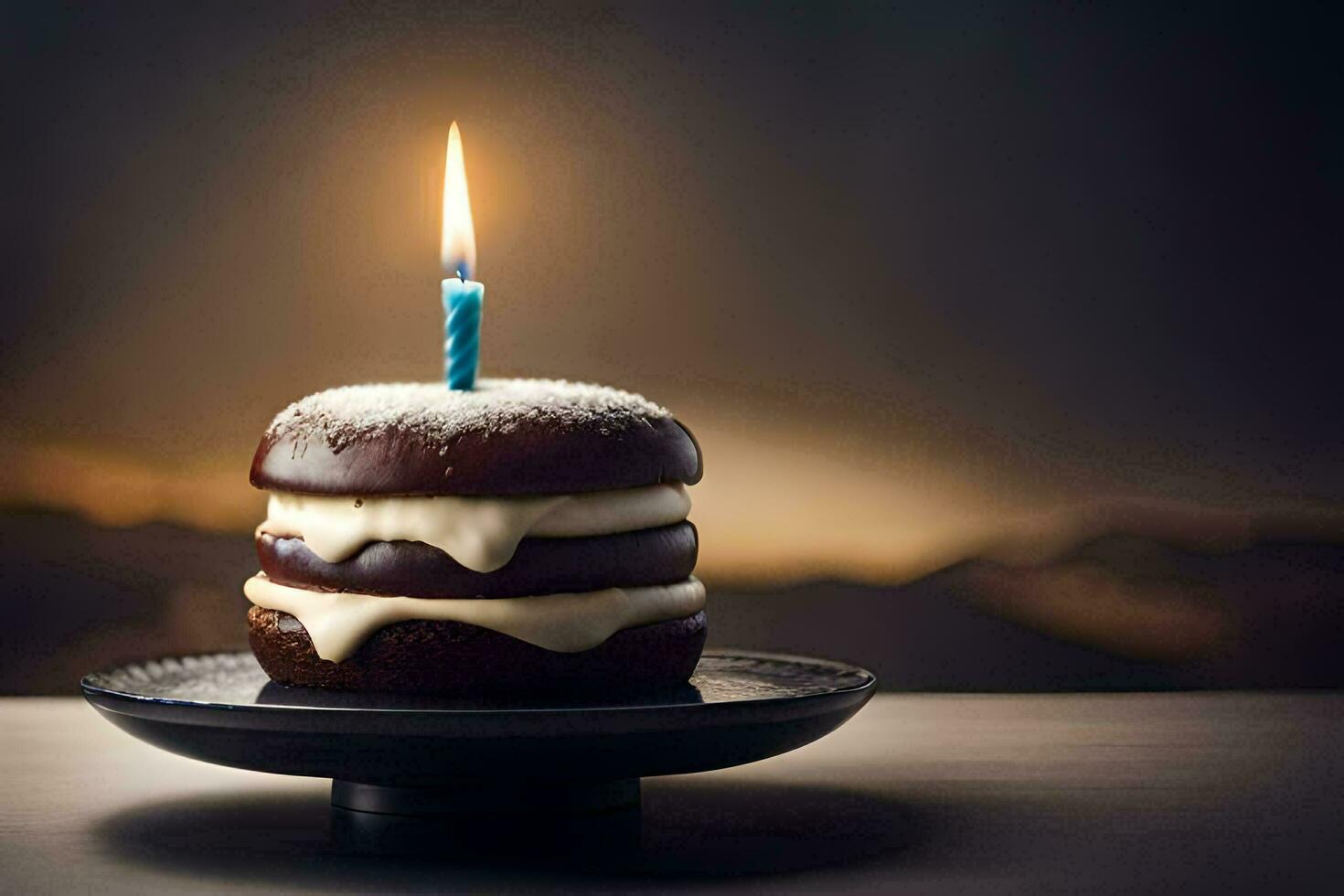 a chocolate cake with a lit candle on top. AI-Generated photo