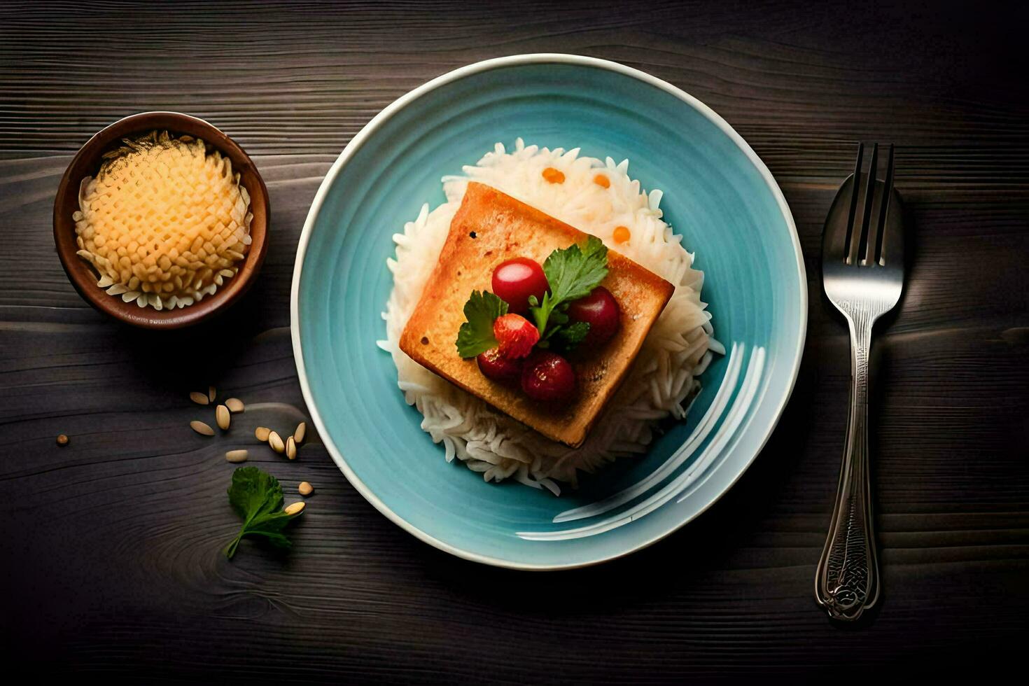 a plate with rice, tofu and cherries on a wooden table. AI-Generated photo