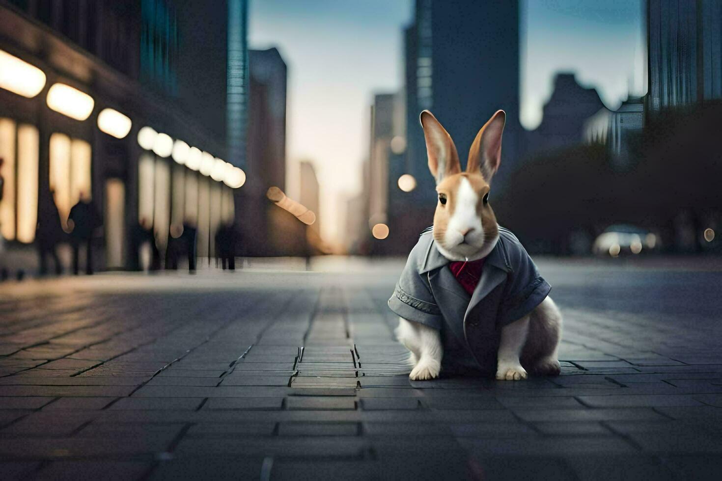 a rabbit wearing a suit and tie sits on the street. AI-Generated photo