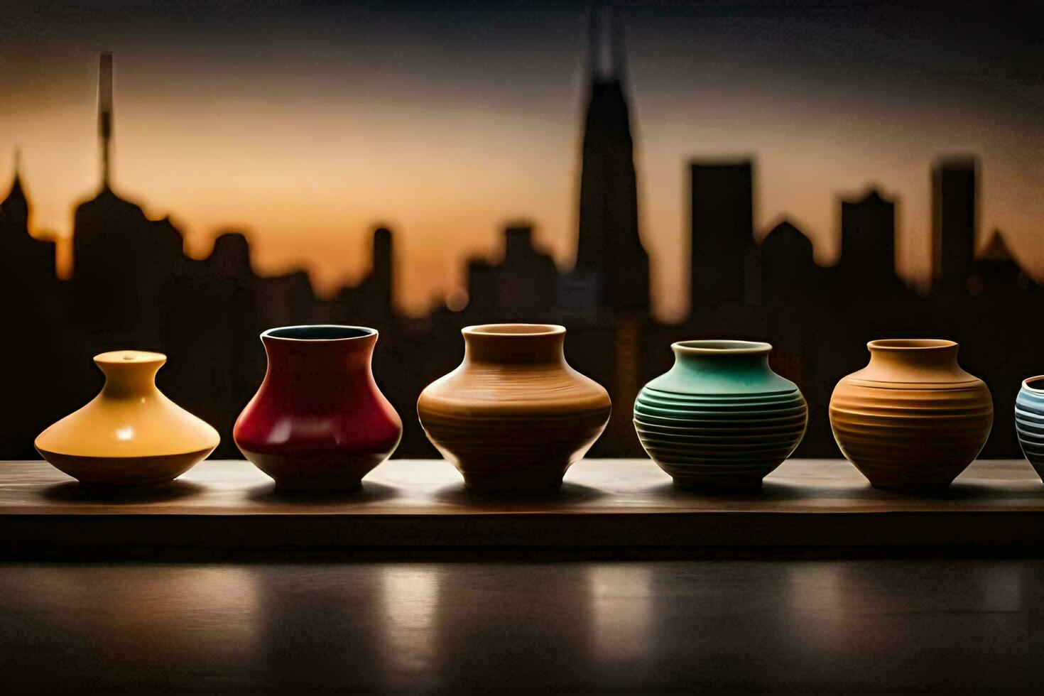 a row of colorful vases lined up against a window. AI-Generated photo