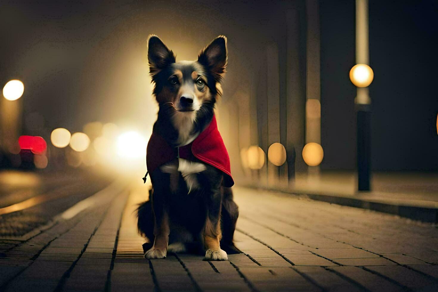 a dog wearing a red cape sits on a street at night. AI-Generated photo