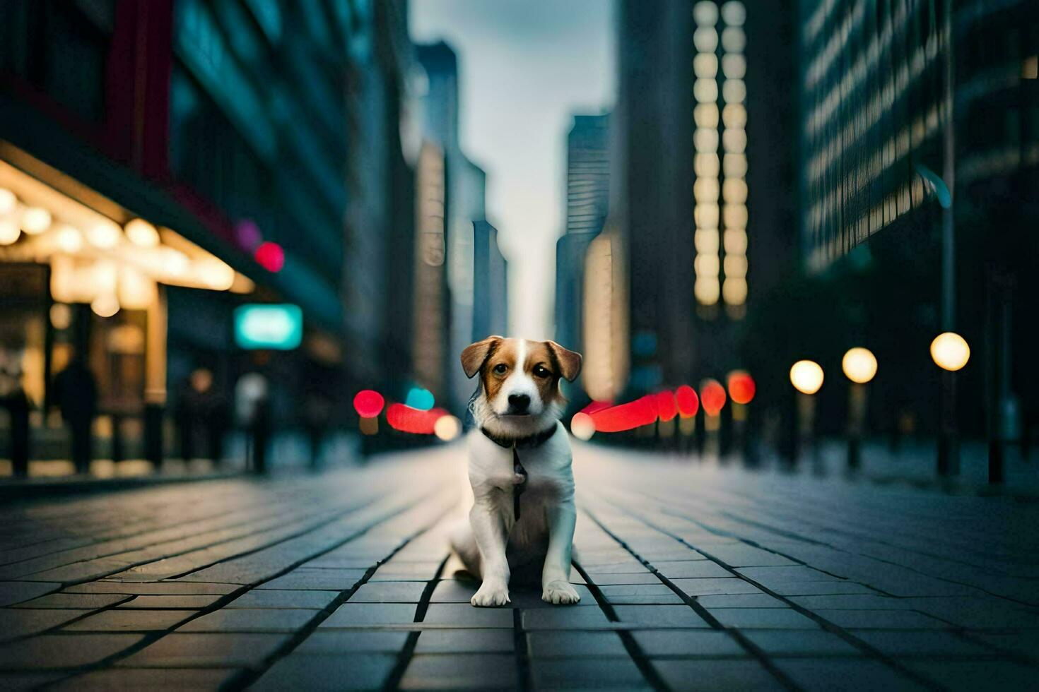 a dog sitting on the street in a city. AI-Generated photo