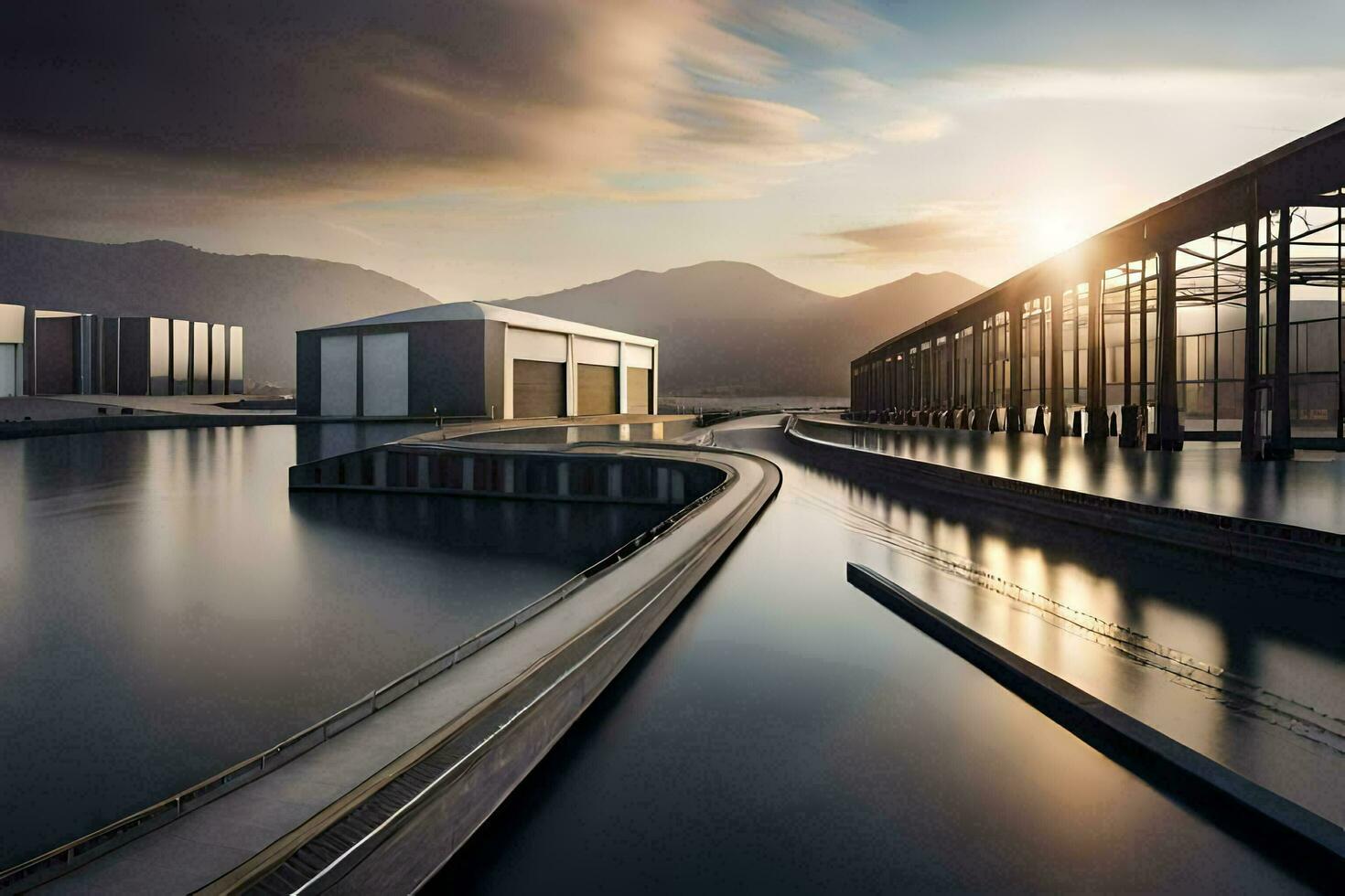 a large industrial building with water flowing through it. AI-Generated photo