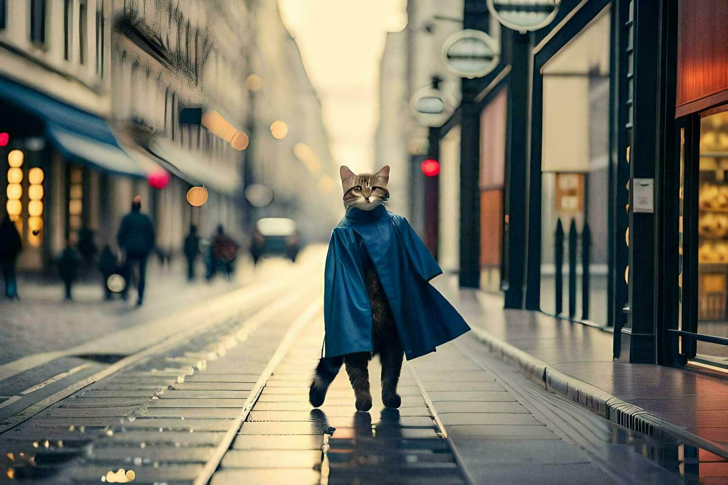 un gato en un azul Saco en pie en un calle. generado por ai foto