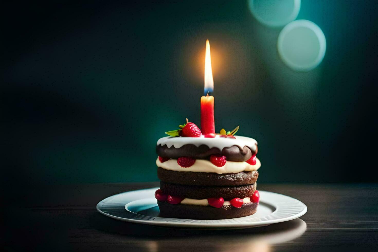 a chocolate cake with a lit candle on top. AI-Generated photo