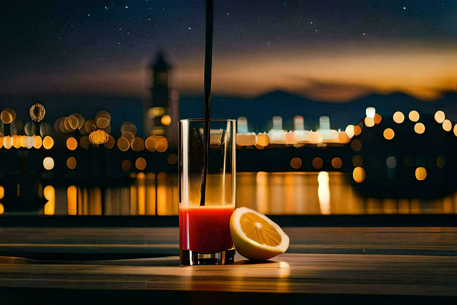 a glass of orange juice with a slice of lemon on the table in front of the city lights. AI-Generated photo