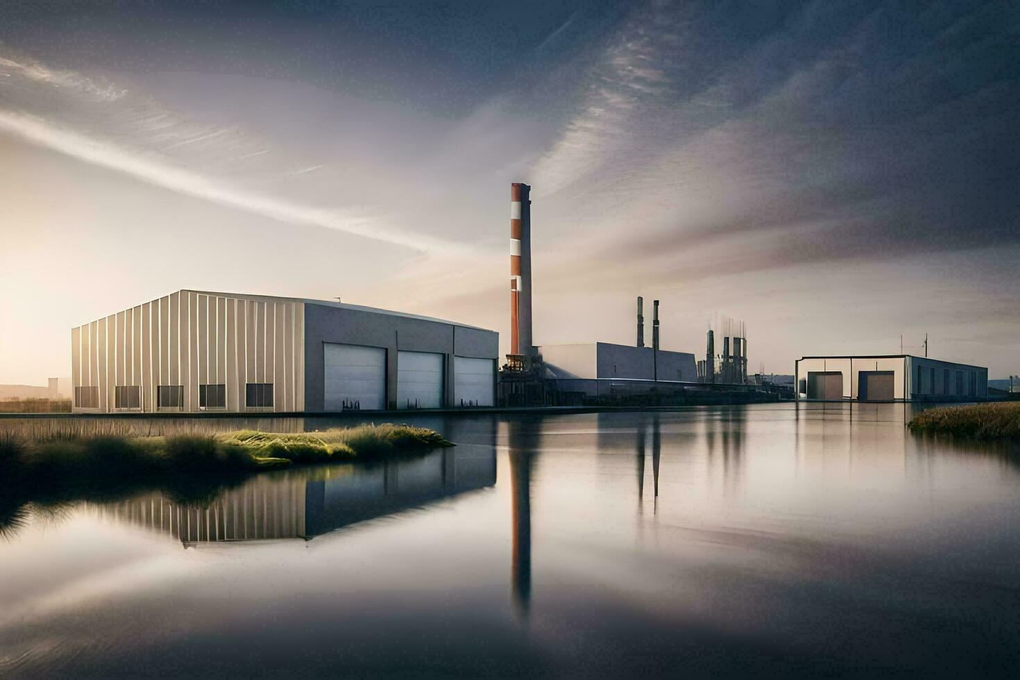 a factory with a river and a factory building. AI-Generated photo