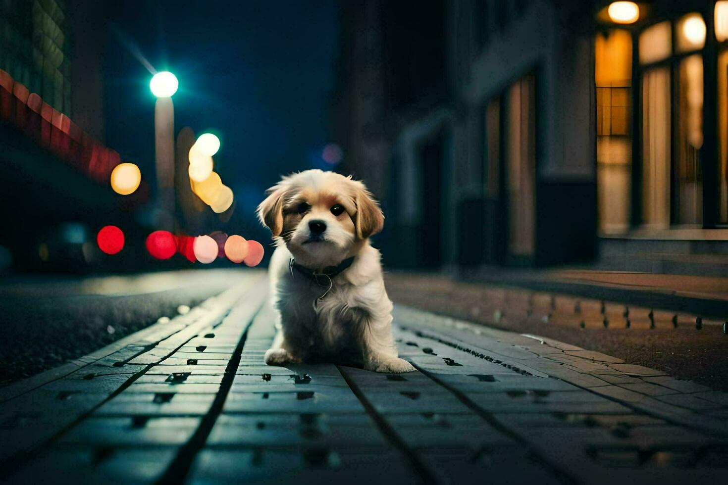 a puppy sitting on the street at night. AI-Generated photo