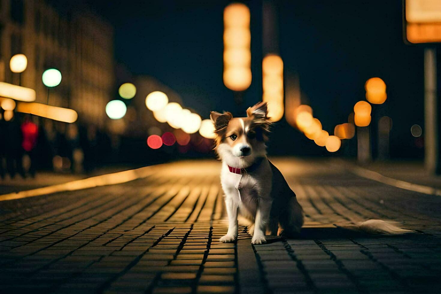 un perro sentado en el calle a noche. generado por ai foto