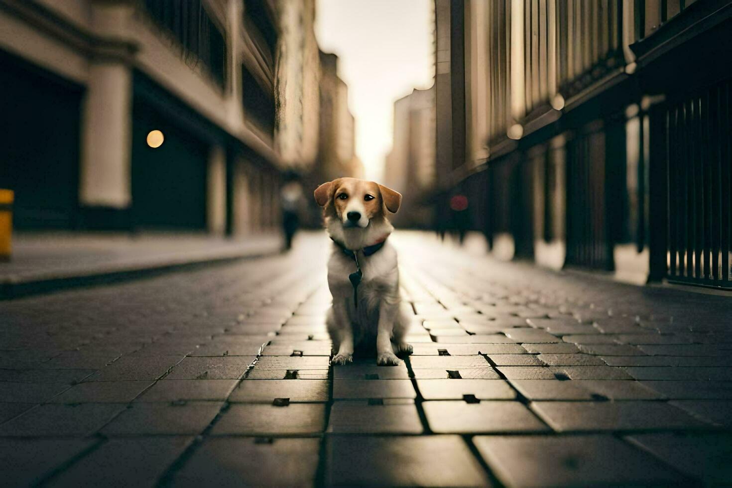 a dog is standing on a street in a city. AI-Generated photo