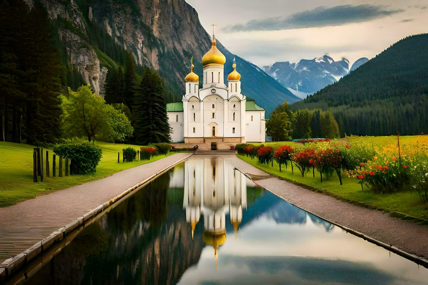 el Iglesia de el santo cruzar en el ruso montañas. generado por ai foto