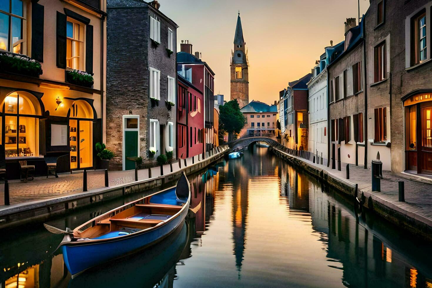 a boat is sitting on a canal in a city. AI-Generated photo