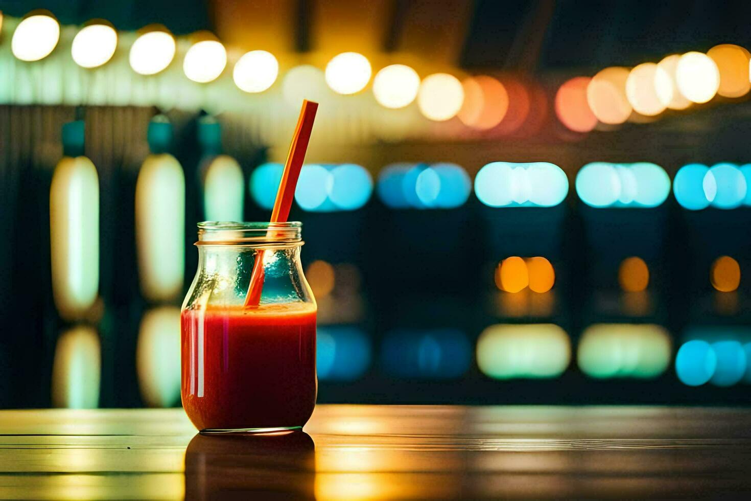a glass jar with a straw sitting on a table in front of a blurry background. AI-Generated photo