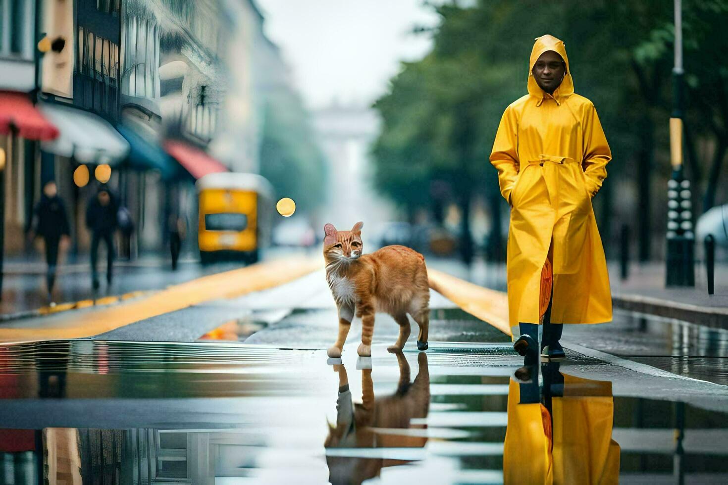 a woman in a yellow raincoat and cat walking down a street. AI-Generated photo