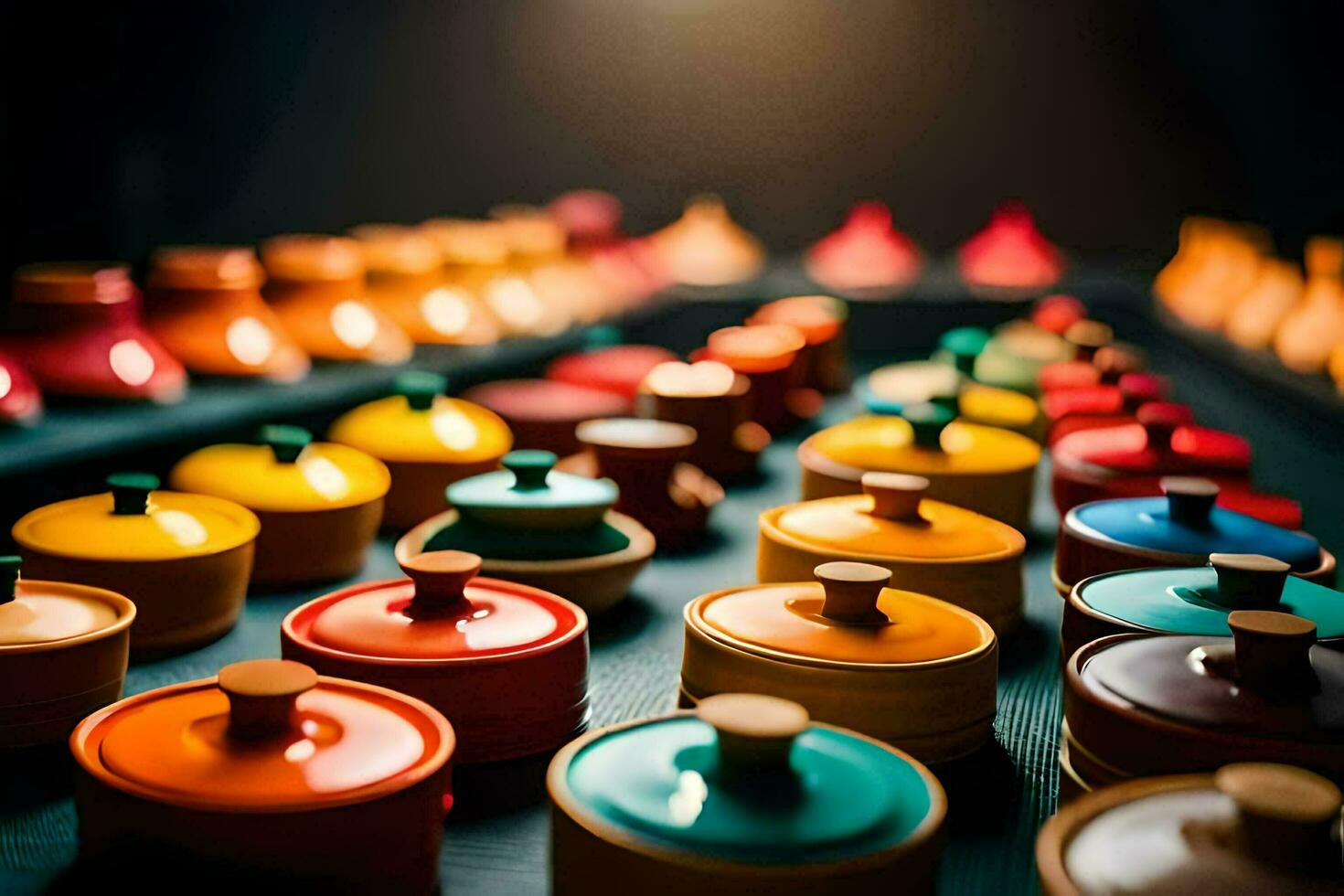colorful pots on a table. AI-Generated photo