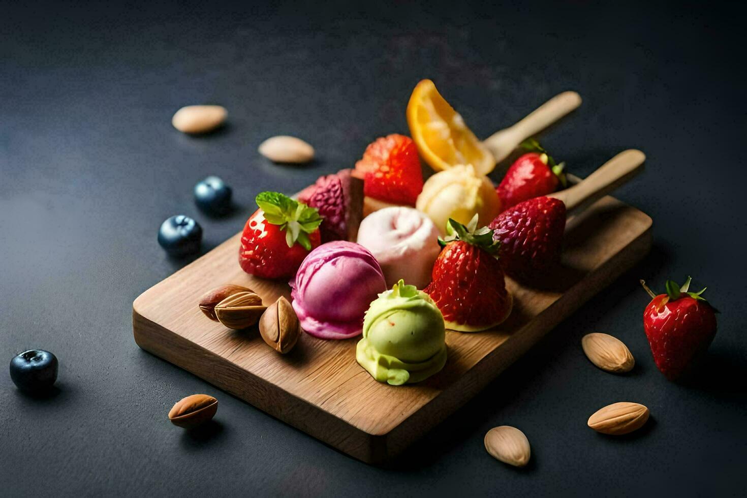 a wooden tray with strawberries, almonds and blueberries. AI-Generated photo