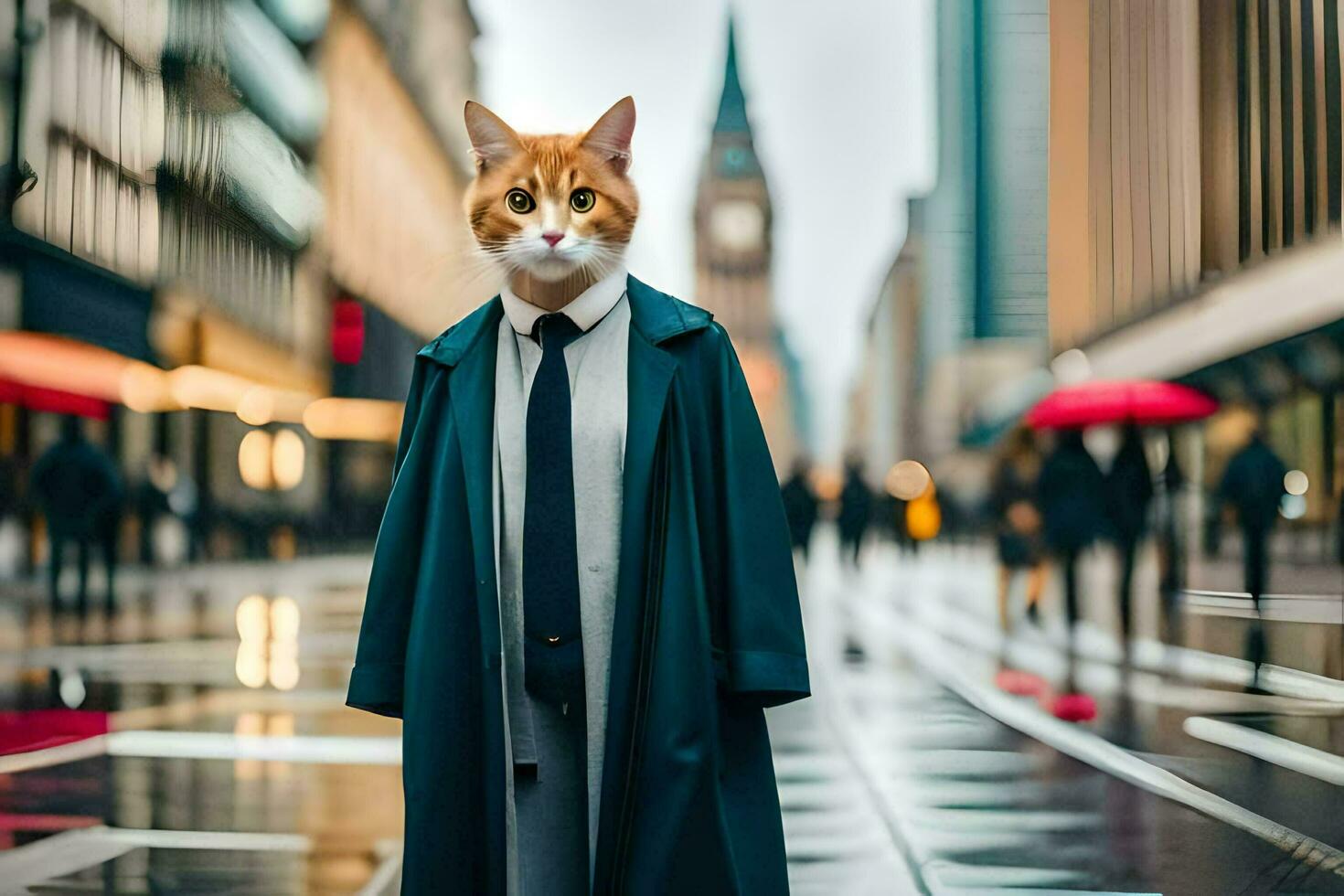 a cat dressed in a suit and tie standing on a city street. AI-Generated photo