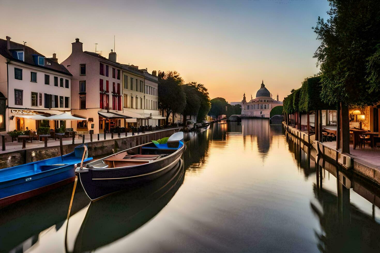 boats are docked along a canal at sunset. AI-Generated photo