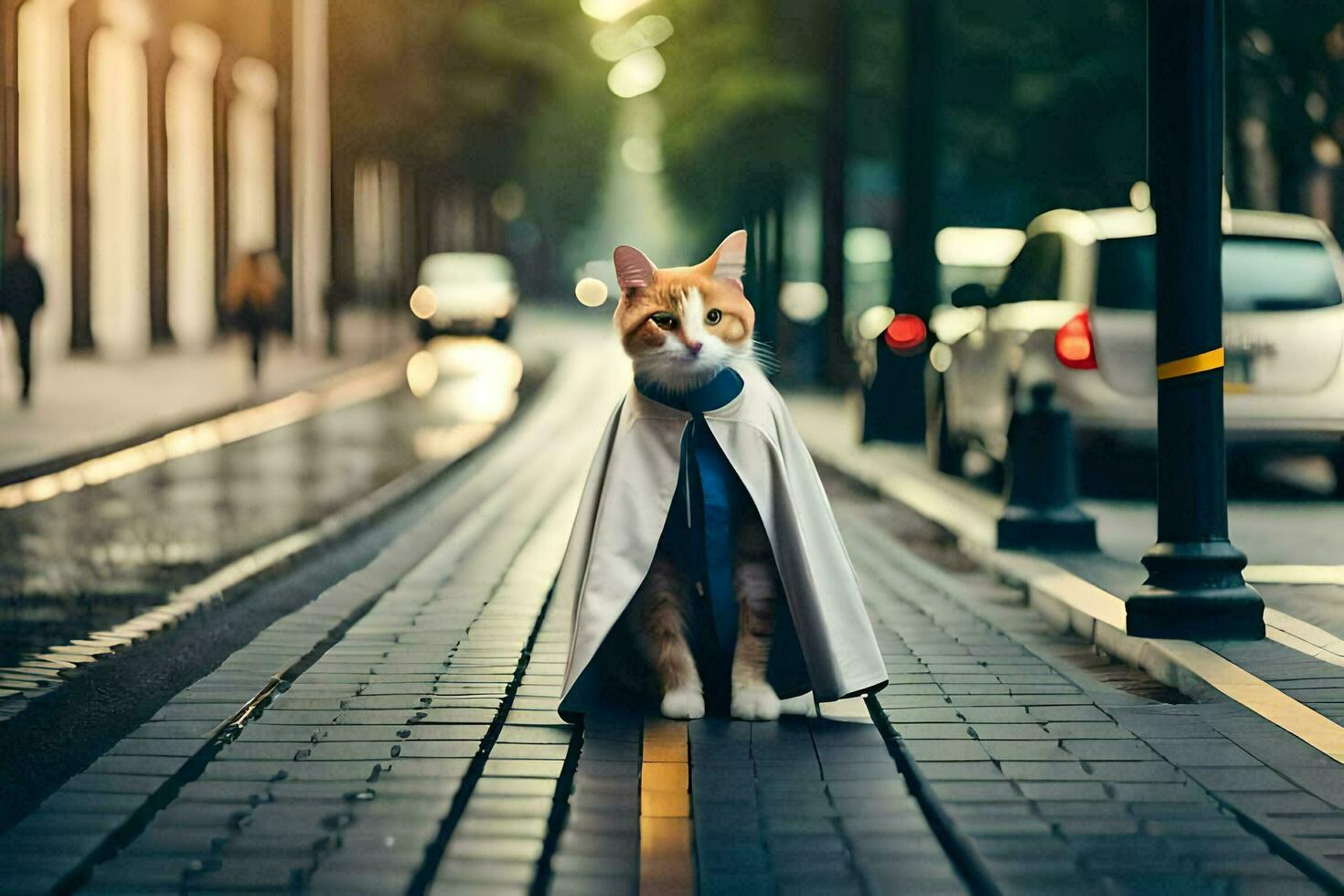 a cat dressed in a cape walking down a street. AI-Generated photo