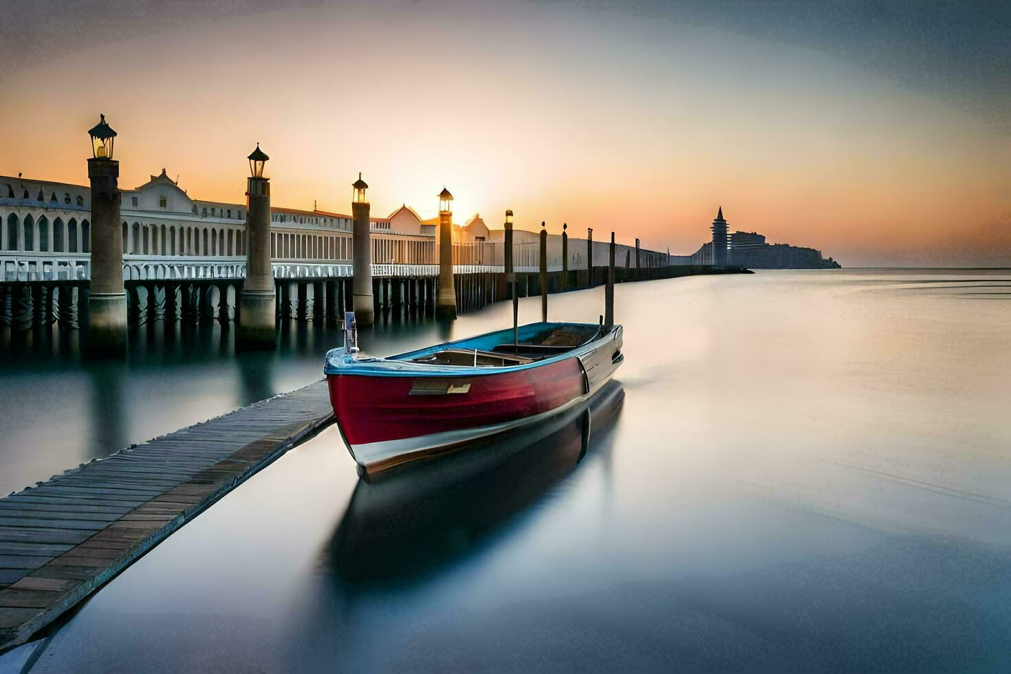 a boat sits on the water at sunset. AI-Generated photo