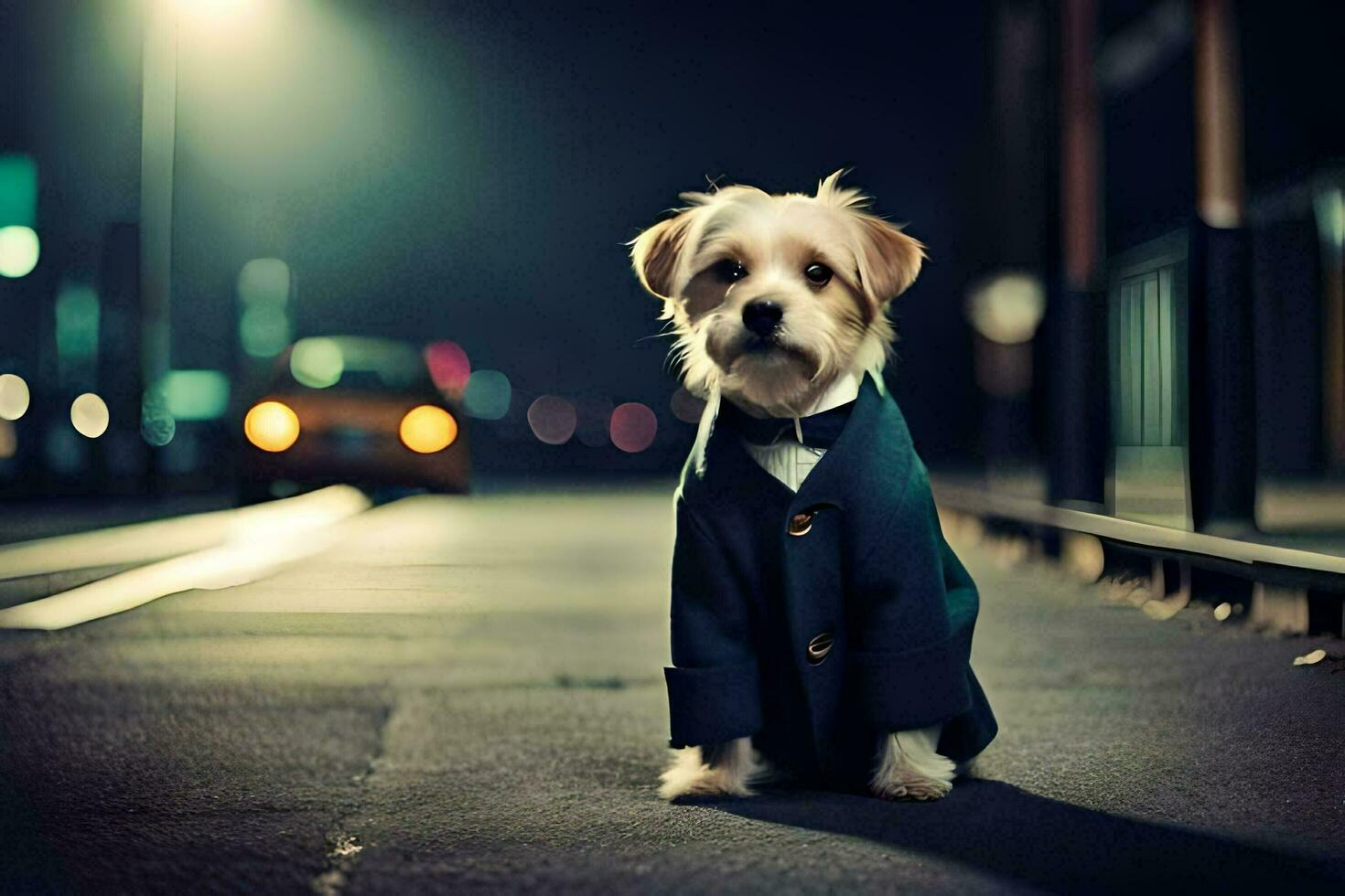 a dog in a suit and tie sitting on the street at night. AI-Generated photo